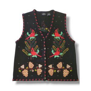 One Resource Women’s VTG Holiday Black Sweater Vest w/ Cardinals and Details - L